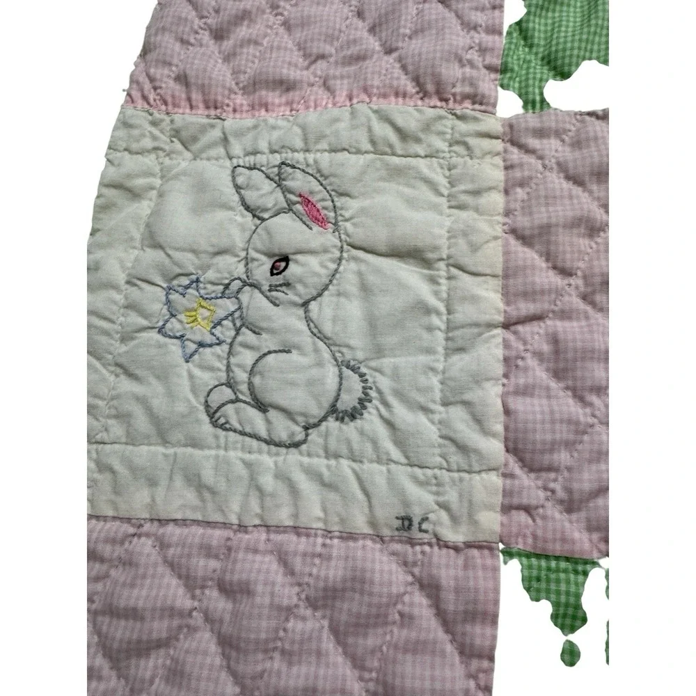 Hand Embroidered Hand Quilted 15 Squares Animals Pink Green Gingham 67‎ X 44